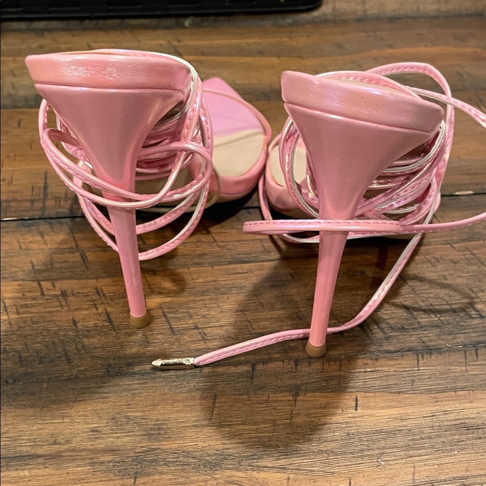 La Femme Shimmering Pink Lace-Up Heels - Picture 7 of 7